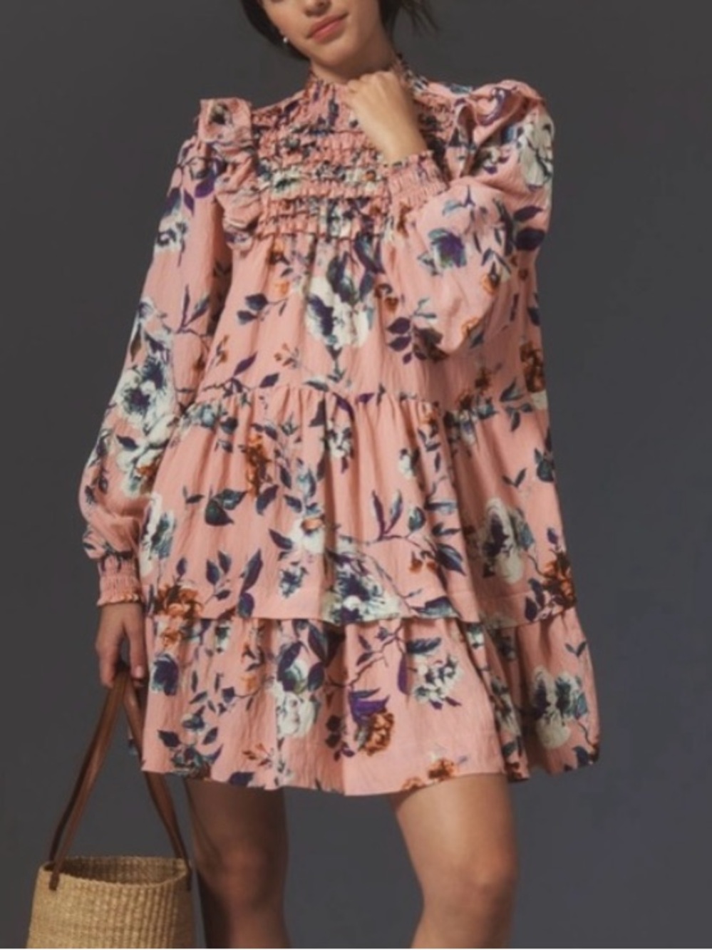 Anthropologie pink floral ruffle mini long sleeve dress flouncy size XS